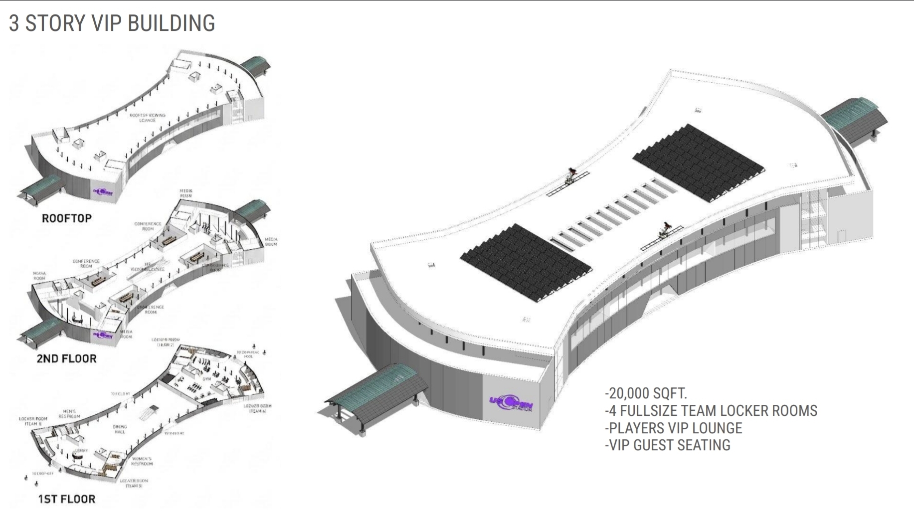 Three-story VIP pavilion floor plans and rendering