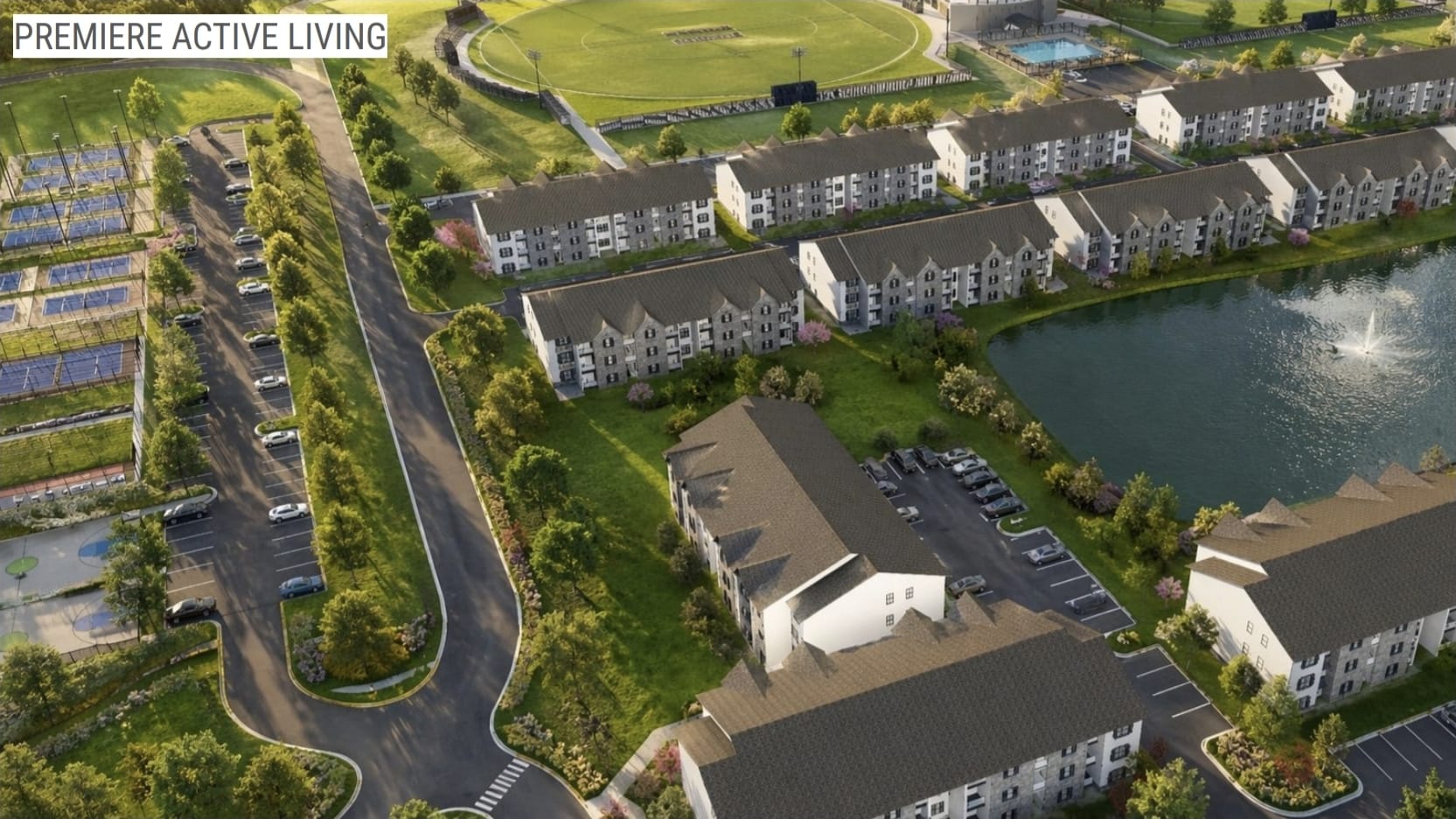Aerial view of luxury residences overlooking the cricket ground