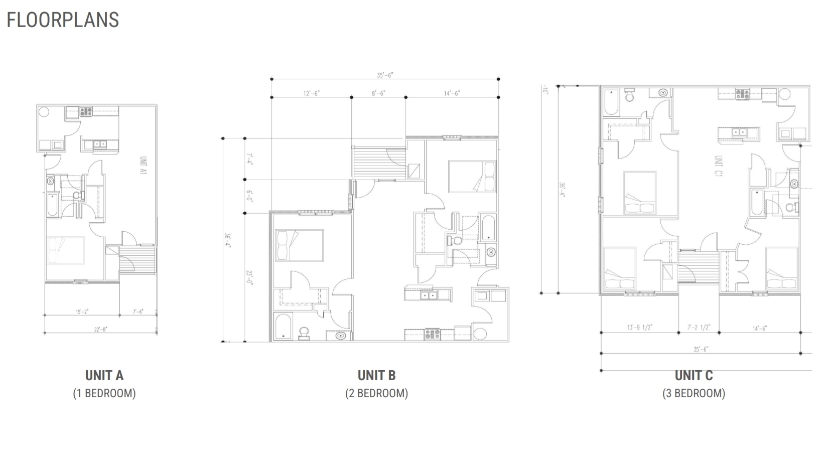Floor plans for 1, 2, and 3 bedroom residence units