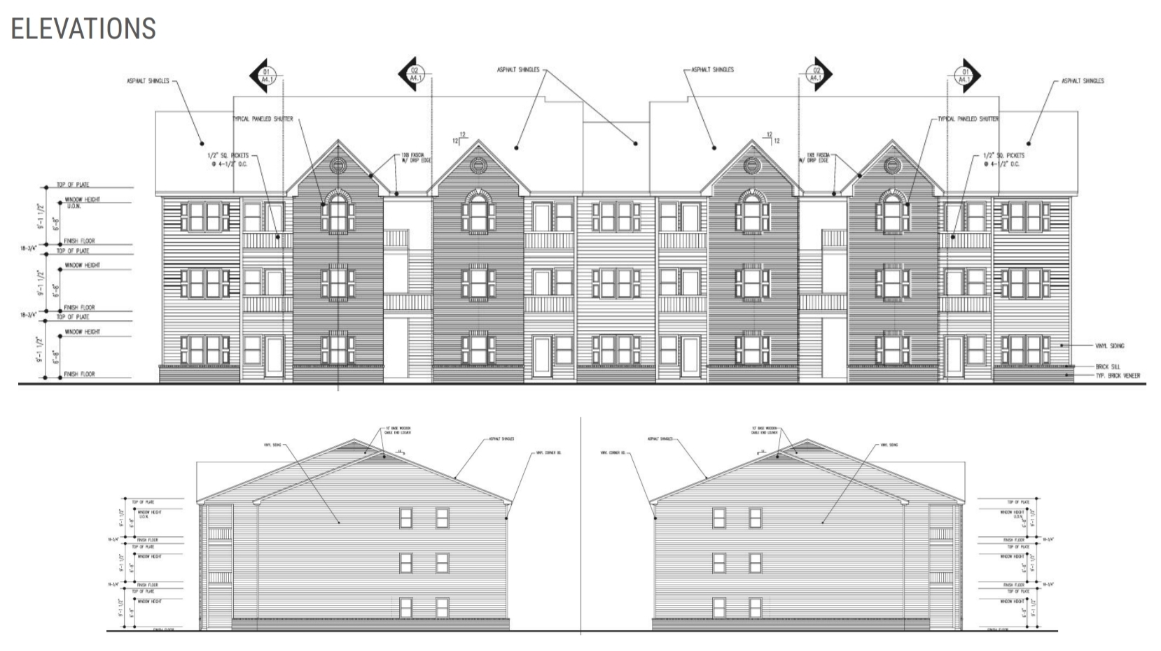 Architectural elevations of the residence buildings